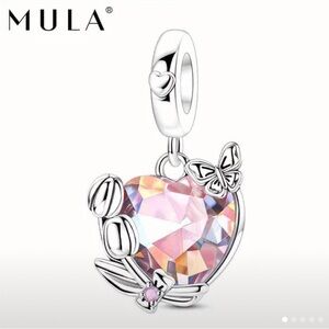 MULA Silver Heart Charm with Crystal Accents and Tulips and Butterflies